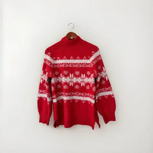 Hippie Rose Turtleneck Sweater Red With White Snowflakes Size Small Soft